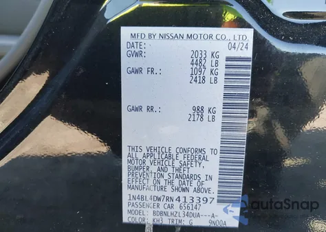 2024 Nissan Altima Sv Intelligent Awd from USA, damaged, VIN 1N4BL4DW7RN413397